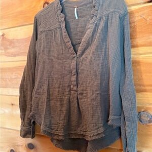 Free People Ruffled Long Sleeve Blouse V-Neck